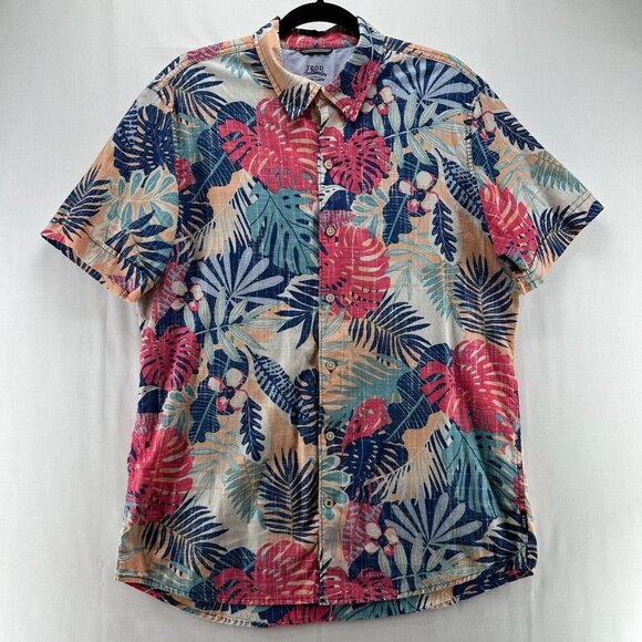 IZOD Shirt Mens Size L Saltwater Tropical Button Down Camp Cotton Blue Red - Picture 1 of 10